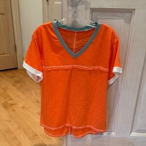 Orange V-Neck T-Shirt with Green Trim